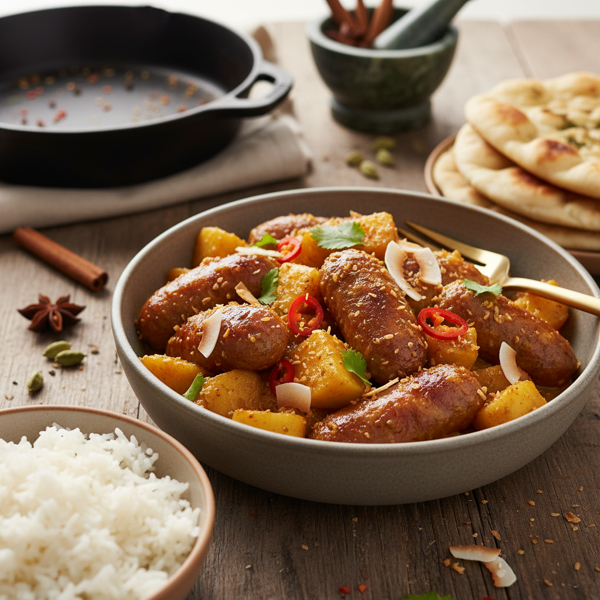 Savory Sweet Curried Sausages with Apples and Coconut recipe