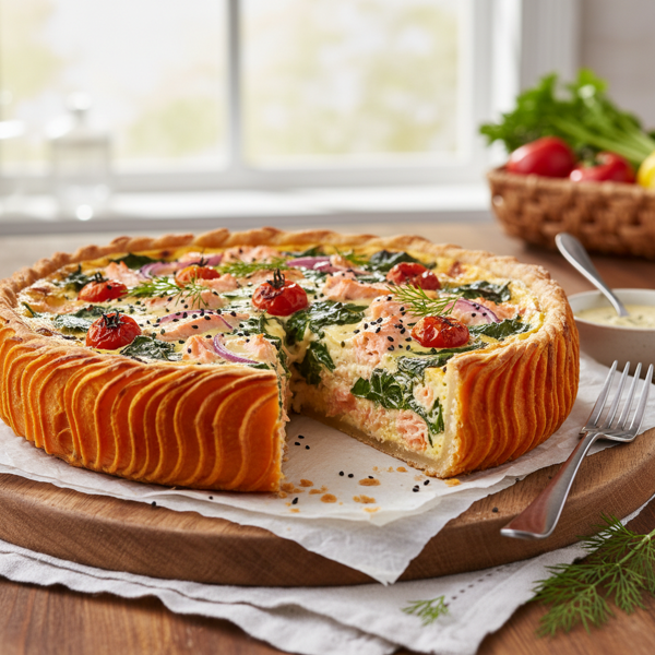 Savory Sweet Potato and Salmon Quiche with Spinach recipe