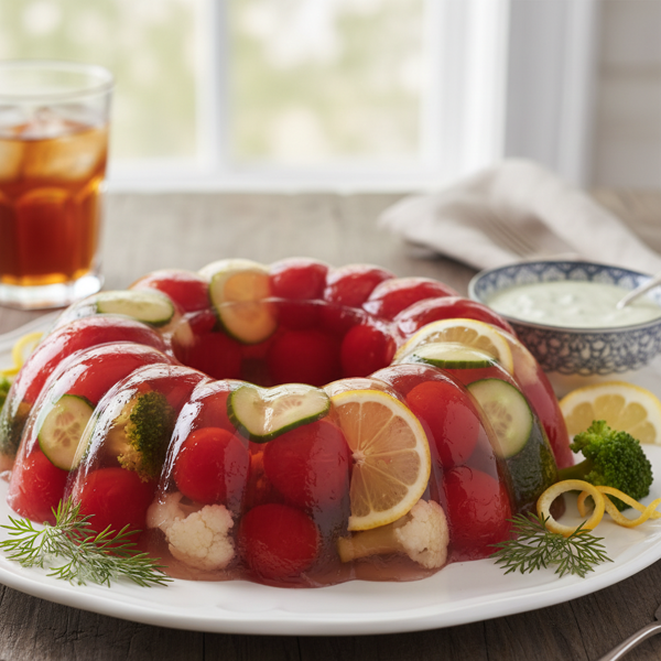 Savory Sweet Tomato Aspic with Lemon and Veggies recipe