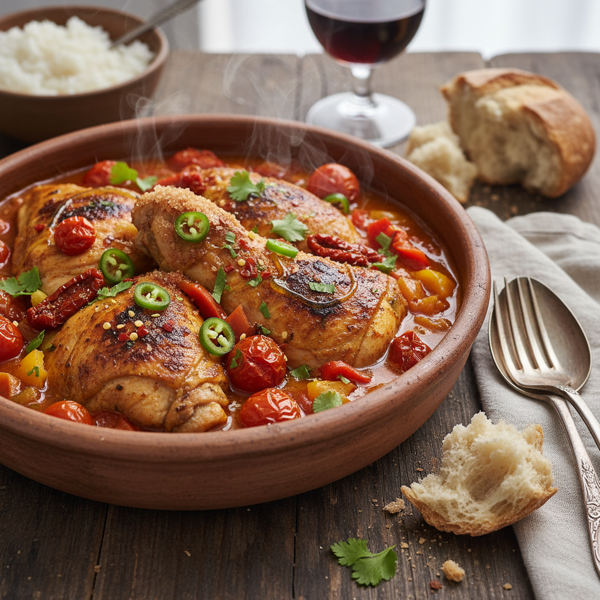 Savory Sweet and Spicy Chicken Stew with Tomato and Peppers recipe