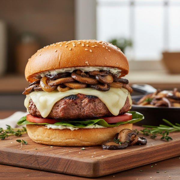 Savory Swiss-Topped Turkey Burgers with Mushroom-Onion Medley recipe