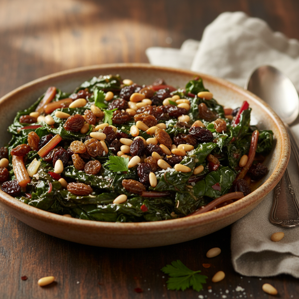Savory Swiss Chard Delight with Sweet Raisins and Crunchy Pine Nuts recipe