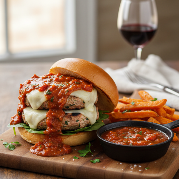 Savory Swiss Turkey Burgers with Fire-Roasted Tomato Gravy recipe