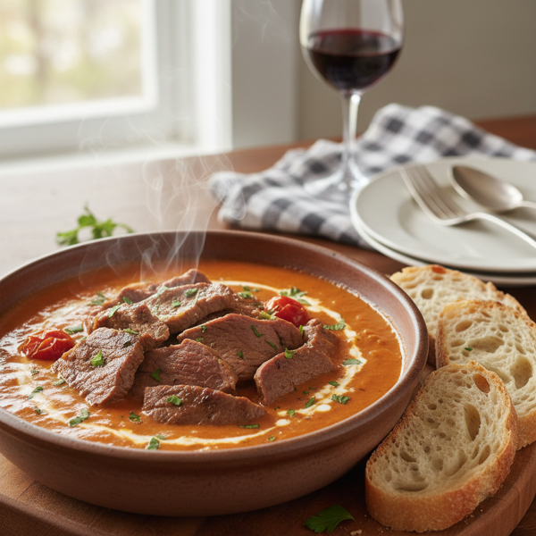 Savory Swissed Beef in Creamy Tomato Gravy recipe