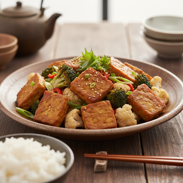 Savory Tempeh Sukiyaki Stir-Fry with Broccoli and Cauliflower recipe