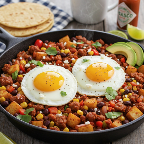 Savory Tex-Mex Chorizo Breakfast Hash with Eggs recipe