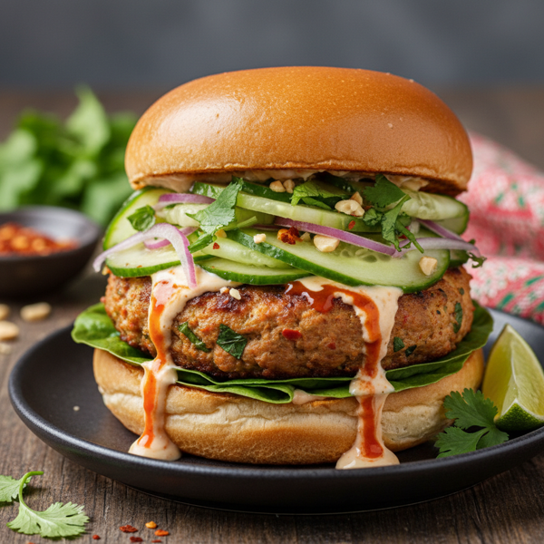 Savory Thai-Inspired Turkey Burgers with Crunchy Cucumber Relish and Spicy Mayo recipe