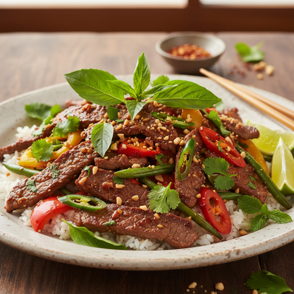 Savory Thai Flank Steak Stir-Fry with Chiles and Fresh Herbs recipe