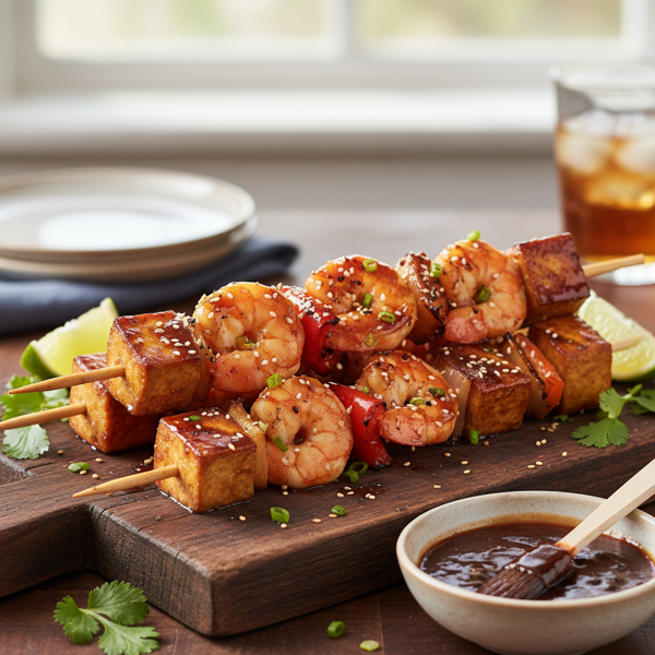 Savory Tofu and Shrimp Skewers with Hoisin Glaze recipe