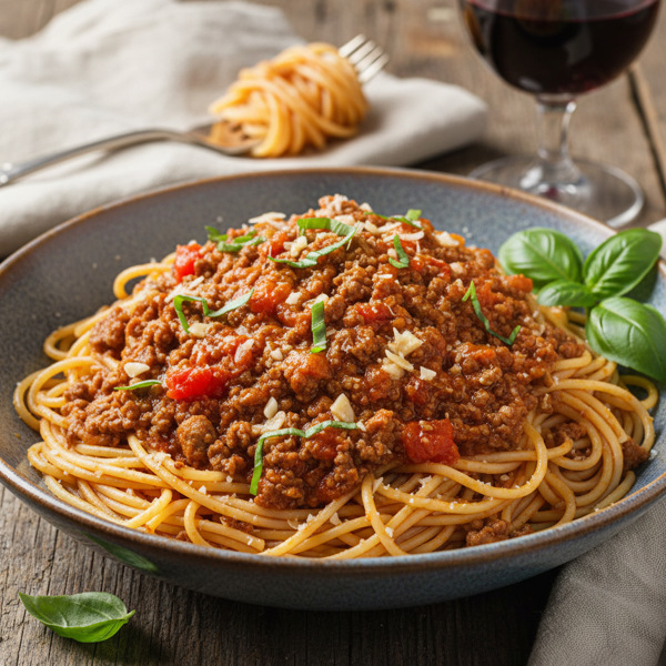 Savory Tomato Basil Garlic Meat Sauce with Angel Hair Pasta recipe