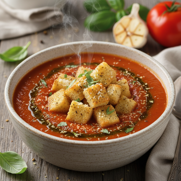 Savory Tomato Basil Garlic Soup with Croutons recipe