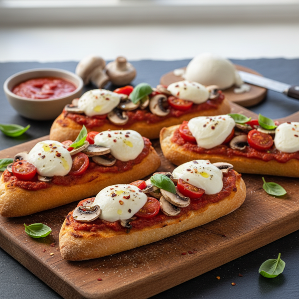 Savory Tomato, Mushroom, and Mozzarella Baguette Pizzas recipe