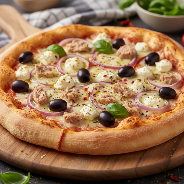 Savory Tuna, Feta, and Olive Delight Pizza recipe
