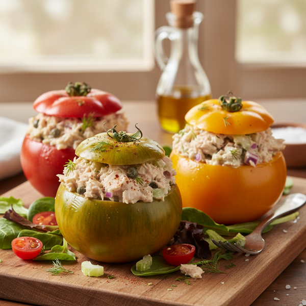 Savory Tuna Salad-Stuffed Heirloom Tomatoes recipe