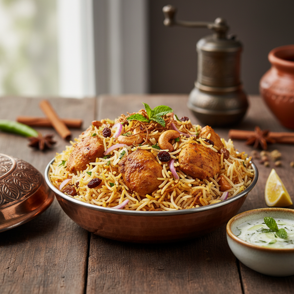 Savory Turkey Biryani with Cashew and Raisin Topping recipe