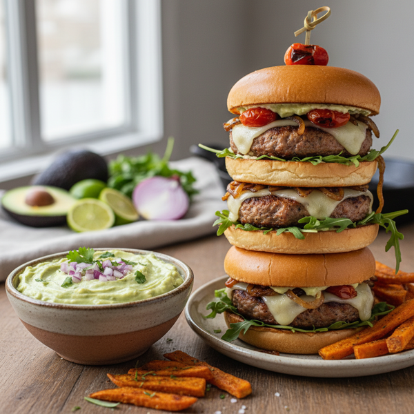 Savory Turkey Burgers with Creamy Avocado Dip recipe