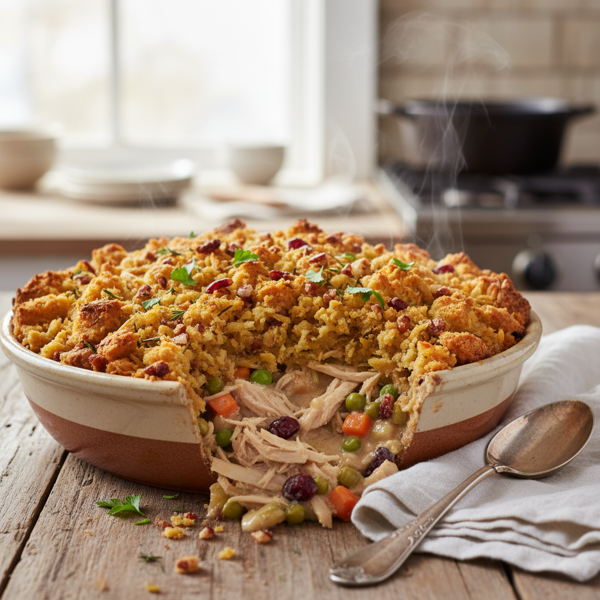 Savory Turkey Pot Pie with Crispy Stuffing Topping recipe