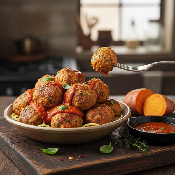 Savory Turkey and Sweet Potato Meatballs with Spicy Tomato Sauce recipe