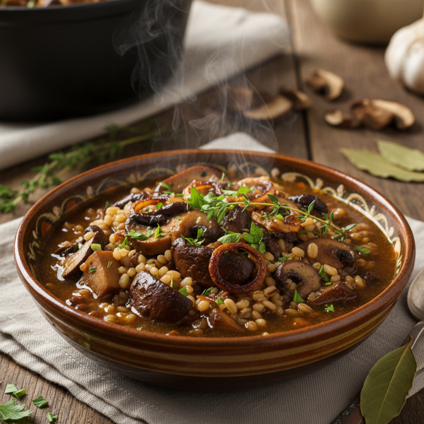 Savory Vegan Mushroom and Pearl Barley Cholent recipe
