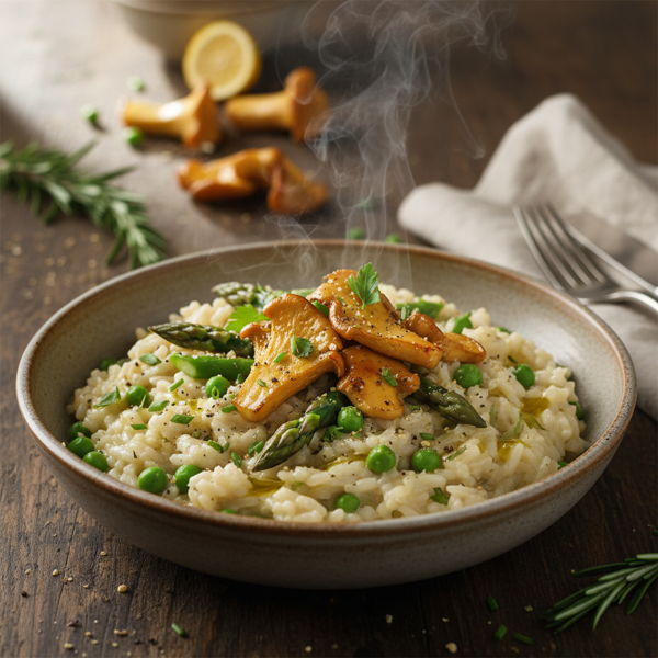 Savory Vegan Risotto with Golden Mushrooms, Peas, and Asparagus recipe