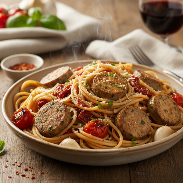 Savory Vegan Spaghetti with Garlic Herb Sausage recipe