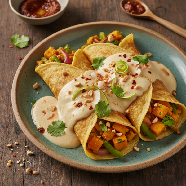 Savory Vegan Thai Curry Crepes with Butternut Squash and Coconut-Ginger Sauce recipe