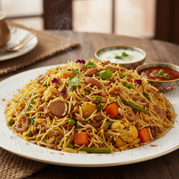 Savory Vegetable Biryani with Lentils and Almonds recipe