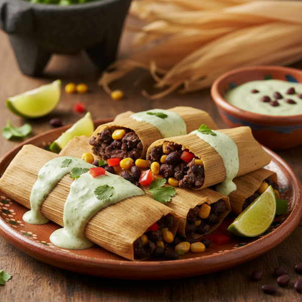 Savory Vegetarian Black Bean Tamales with Cilantro Lime Crema recipe