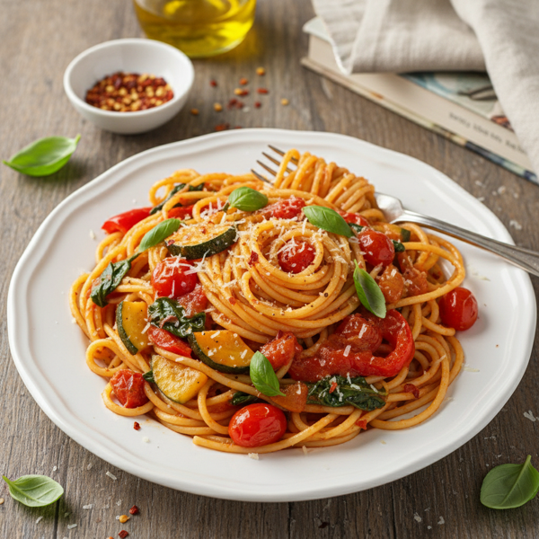 Savory Vegetarian Spaghetti with Spicy Veggie Sauce recipe