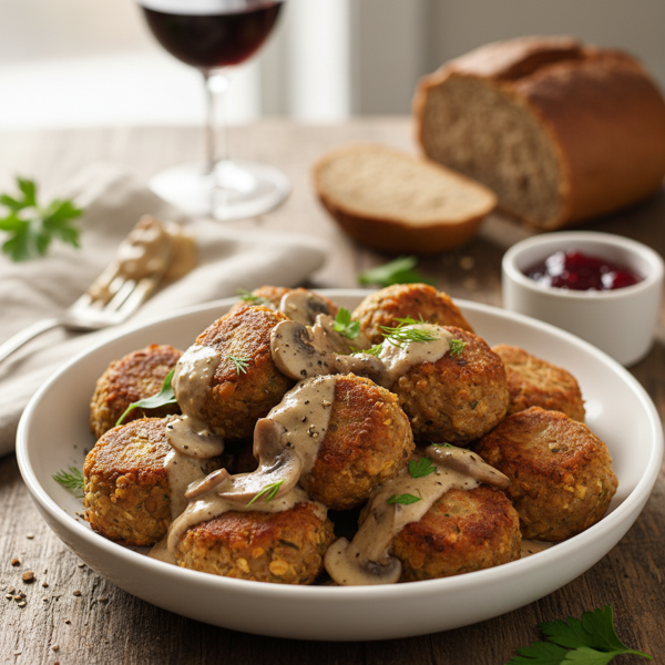 Savory Vegetarian Swedish Meatballs with Creamy Mushroom Sauce recipe