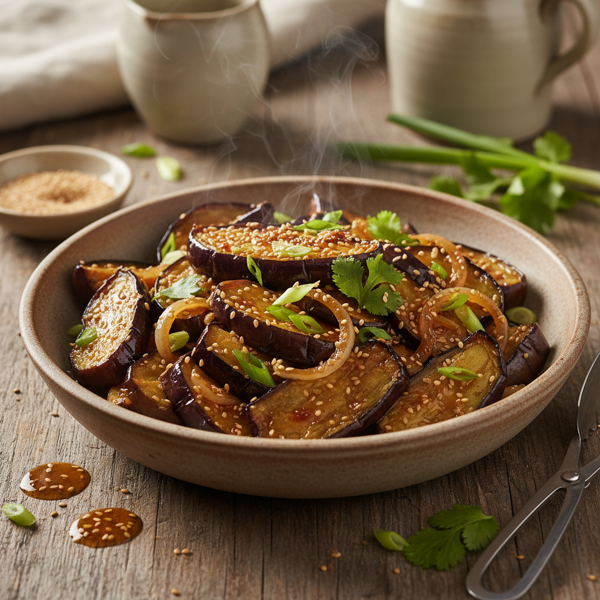 Savory Warm Eggplant Salad with Sesame and Shallots recipe