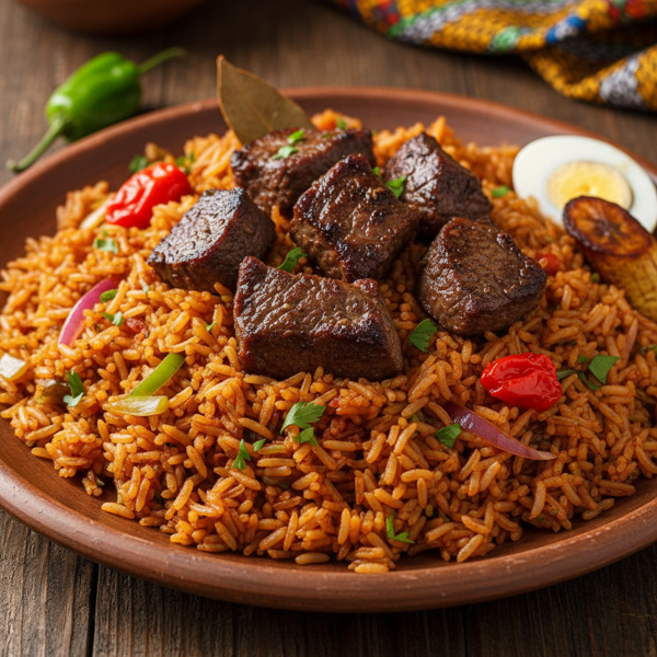 Savory West African Jollof Rice with Beef recipe