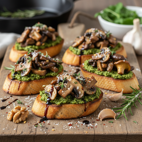 Savory Wild Mushroom Pesto Crostini recipe