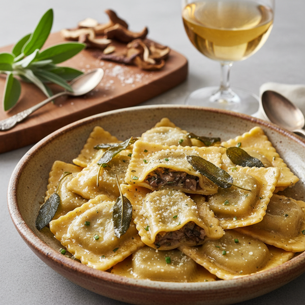 Savory Wild Mushroom Ravioli with Sage Brown Butter Glaze recipe