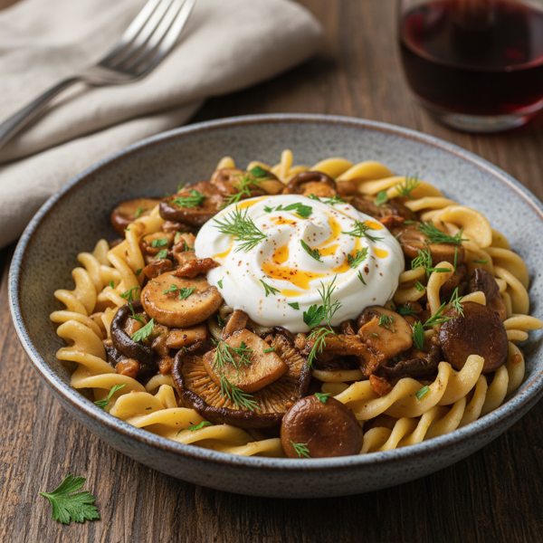Savory Wild Mushroom Stroganoff with Creamy Yogurt Sauce recipe