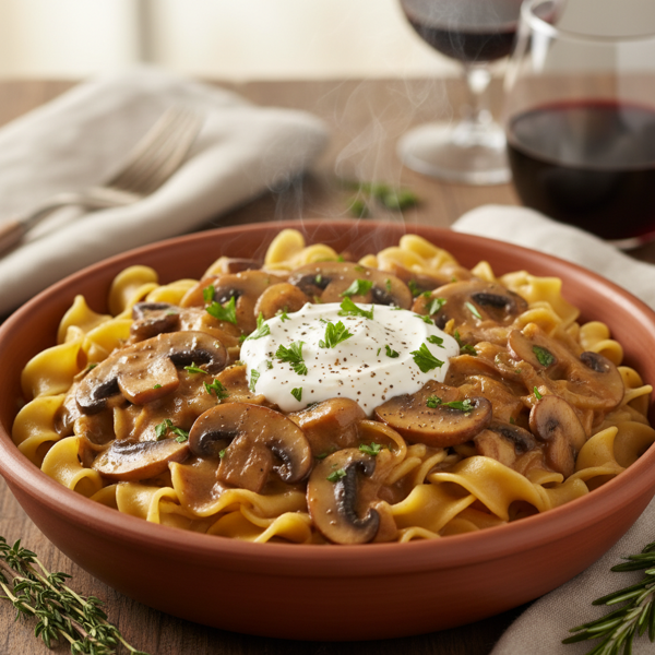 Savory Wild Mushroom Stroganoff with Egg Noodles recipe