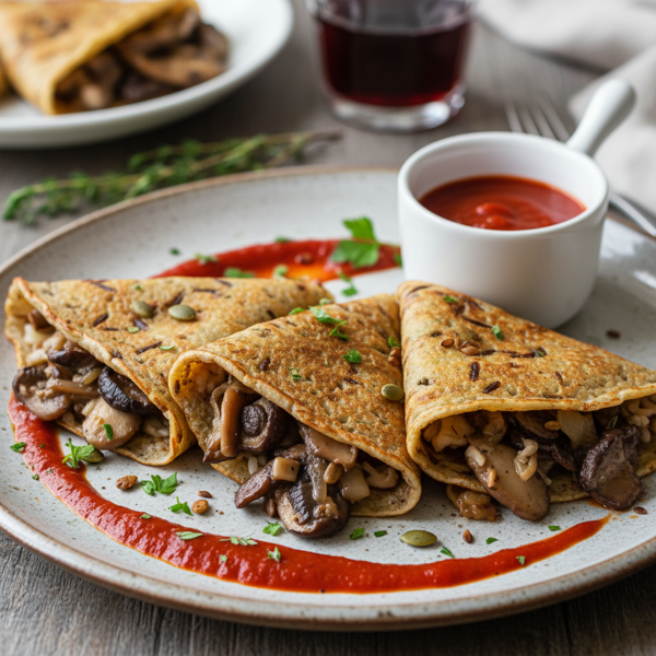 Savory Wild Rice Crepes with Mushroom Filling and Roasted Red Pepper Sauce recipe