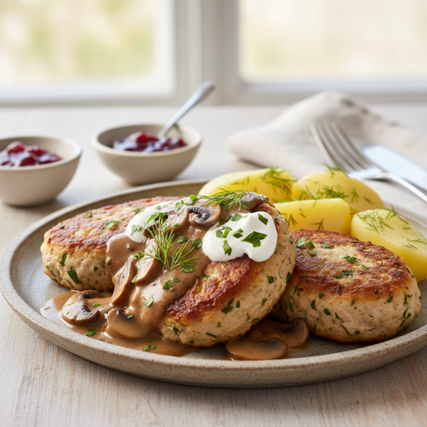 Scandinavian Savory Pork Patties with Creamy Mushroom Gravy recipe