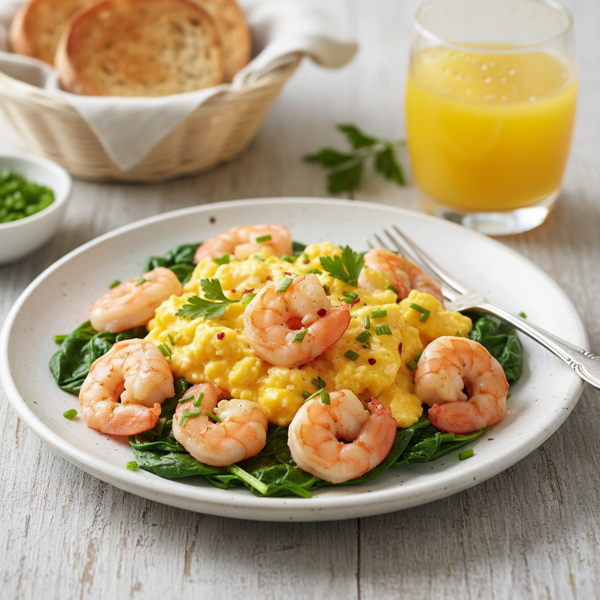 Scrambled Eggs with Prawns and Sautéed Spinach recipe