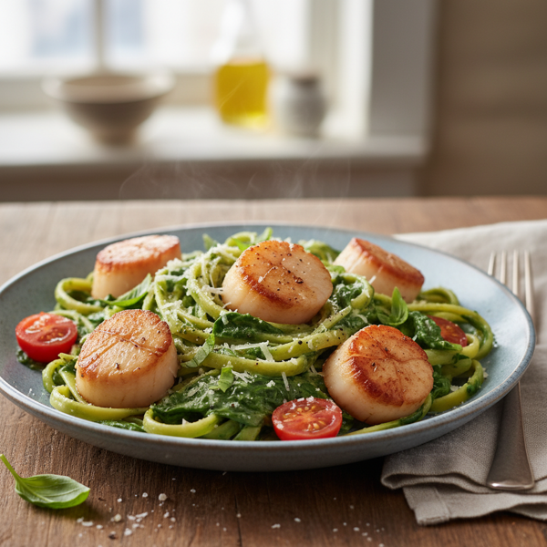 Seared Scallops over Creamy Spinach Pasta recipe