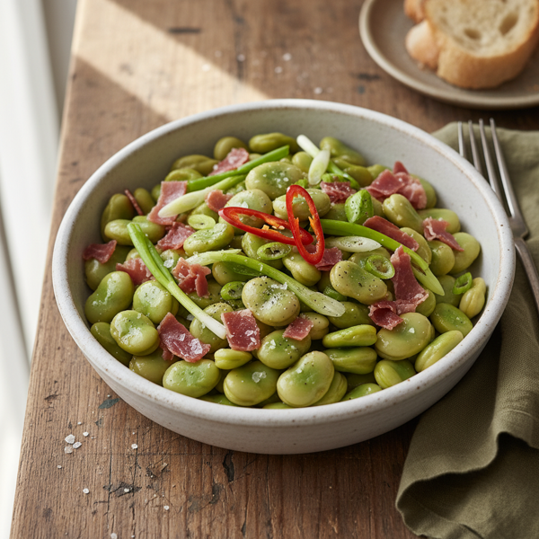 Serrano-Infused Broad Beans with Spring Onions recipe