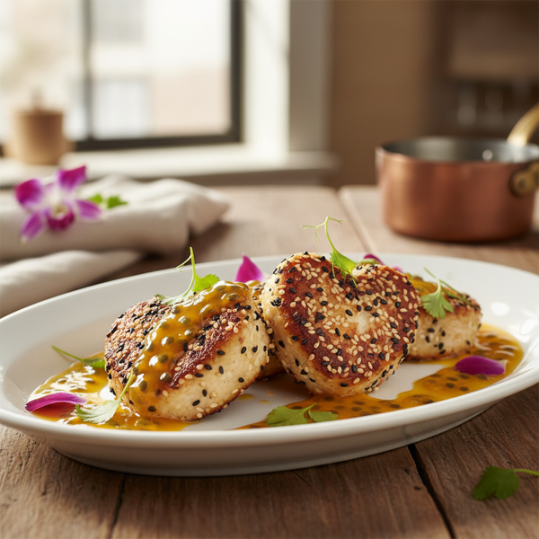 Sesame-Infused Shrimp Hearts with Passion Fruit Sauce recipe