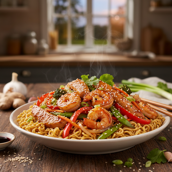 Sesame Ginger Chicken & Shrimp Stir-Fry over Noodles recipe