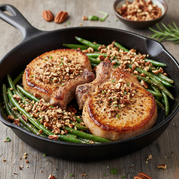 Skillet-Pan Pork Chops with Roasted Green Beans and Pecan Crunch recipe
