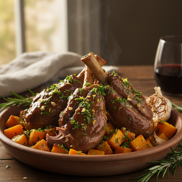 Slow-Braised Lamb Shanks with Butternut Squash and Garlic Gremolata recipe