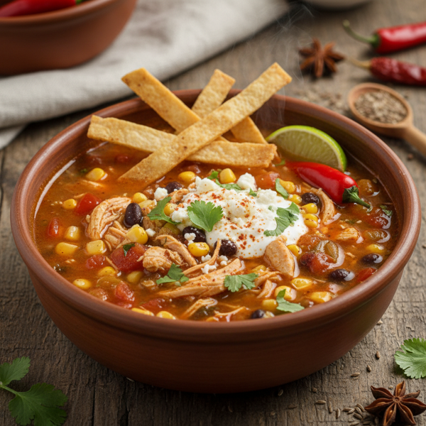 Slow-Cooked Chicken Tortilla Soup with Corn and Spices recipe