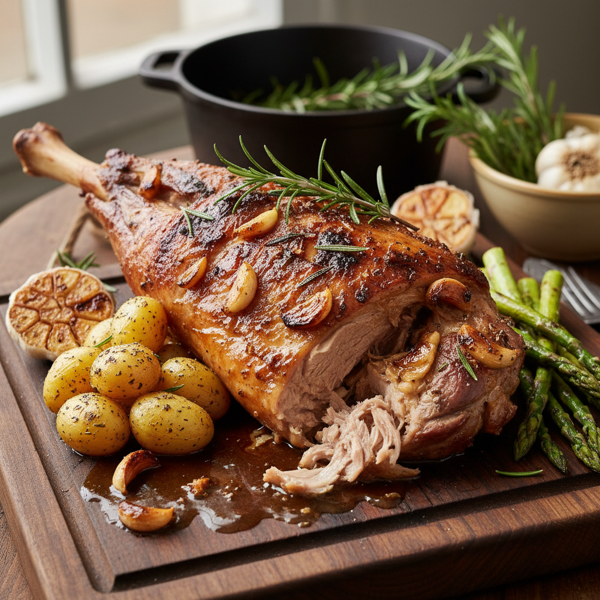 Slow-Cooked Garlic and Rosemary Goat Leg recipe