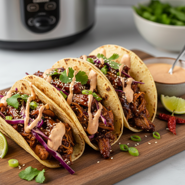Slow Cooker Asian Pulled Pork Tacos with Spicy Sriracha Aioli recipe