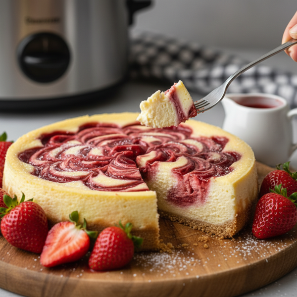 Slow Cooker Strawberry Swirl Cheesecake recipe