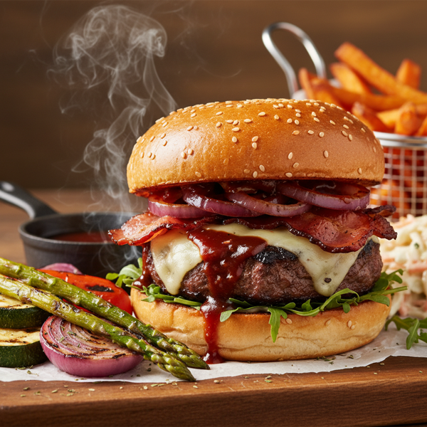 Smoky Applewood BBQ Burgers with Grilled Veggies recipe